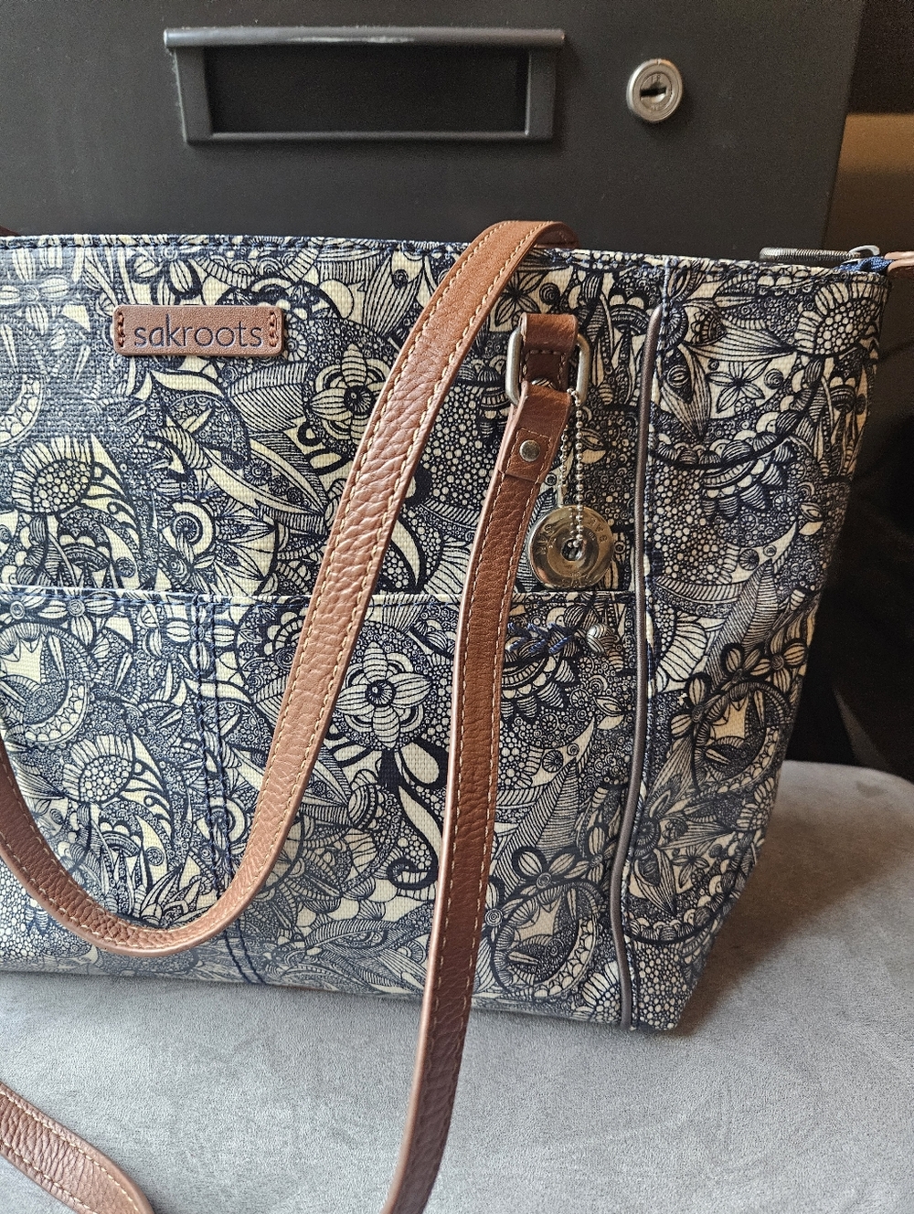 Sakroots Navy and Cream Floral Canvas Tote with Brown Leather Straps